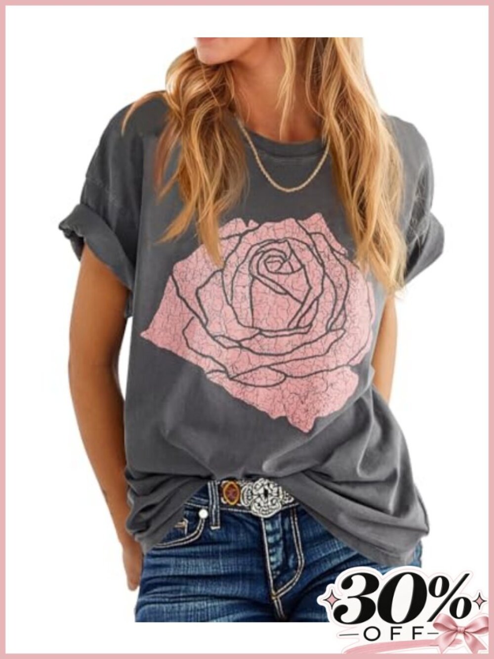 Women's Rose Graphic Tee Loose Fit Boyfriend Crew Neck Short Sleeve Casual